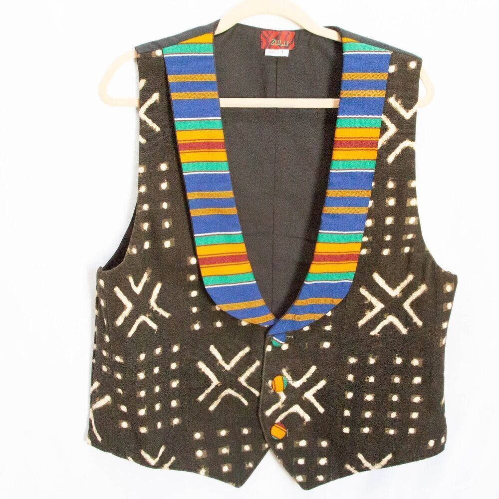 Vintage Handcrafted African Mudcloth Bogolan Mali Vest Hippie Boho Festival L